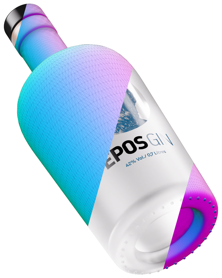 3D rendering of a bottle of Epos Gin, showcasing its unique design, branding, and labeling.